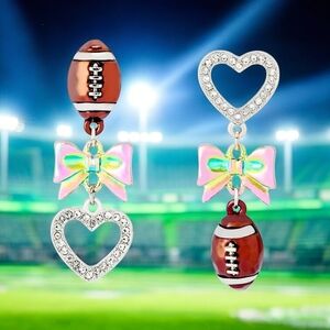 NWT BETSEY JOHNSON Love Football Heart Bow Iridescent Silver Tone Drop Earrings
